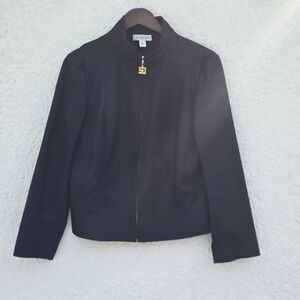 St John Sport Jacket Black Zip Front Studded Butterfly on Back